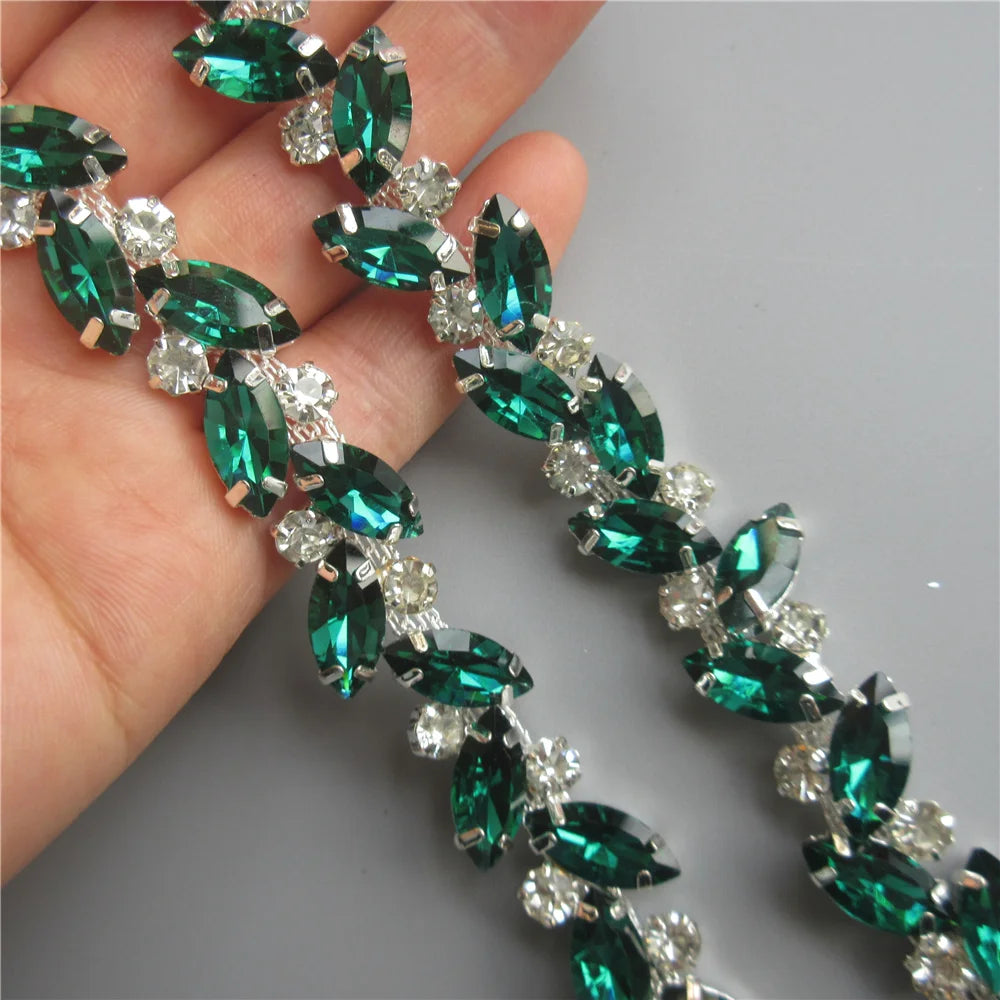 45cm Leaves Glass Crystal Chain Bling Peacock Green Rhinestone Trim Ribbon DIY Decoration Necklace Wedding Dress Clothes Craft
