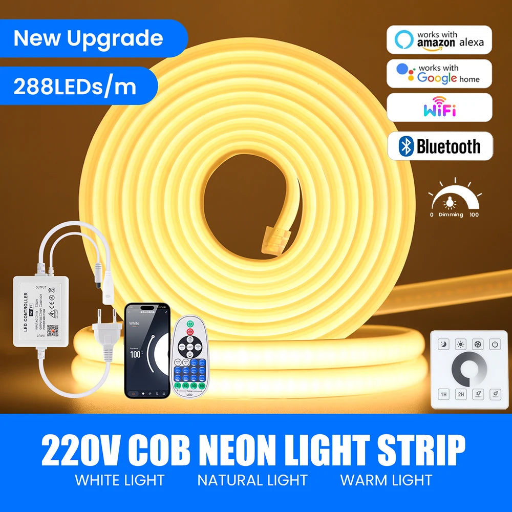 WIFI Bluetooth 220V Dimmable COB LED Strip Light Wall Touch 23key Remote 750W Controller 288LEDs Waterproof Flex Lamp Home Decor