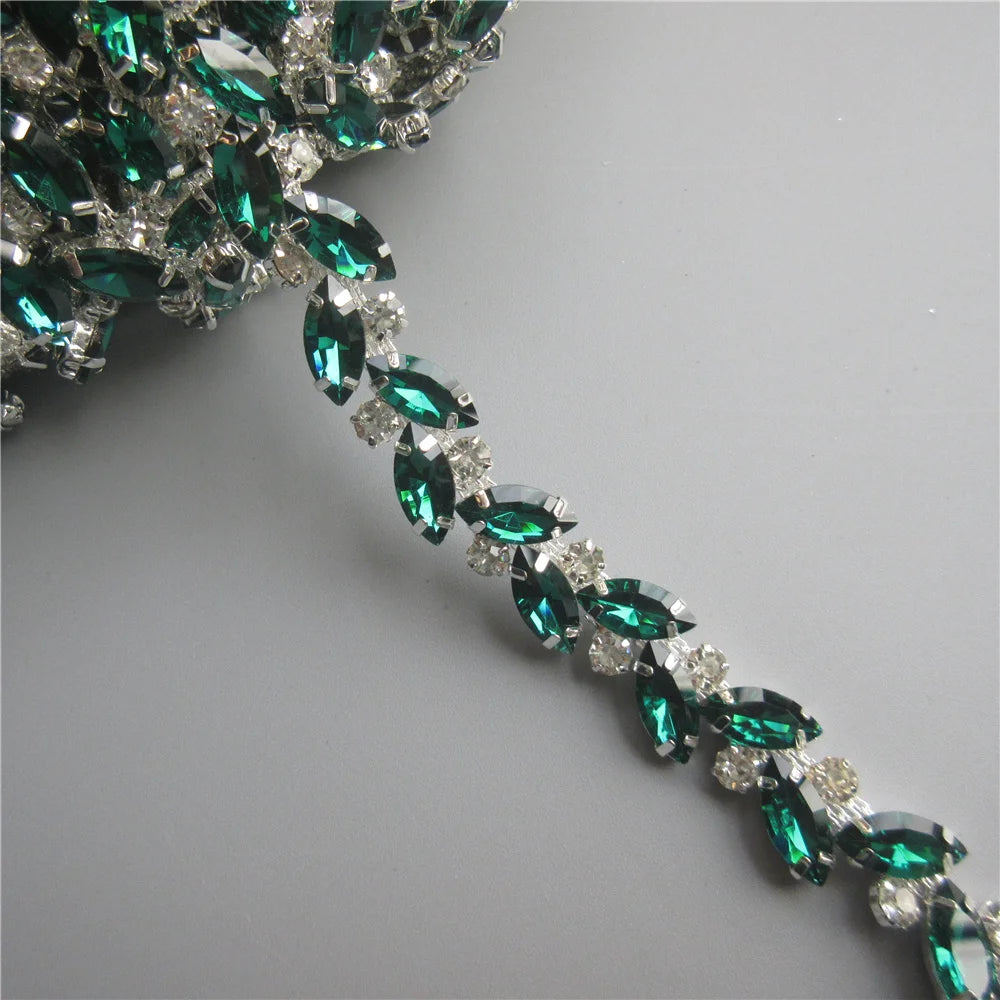 45cm Leaves Glass Crystal Chain Bling Peacock Green Rhinestone Trim Ribbon DIY Decoration Necklace Wedding Dress Clothes Craft