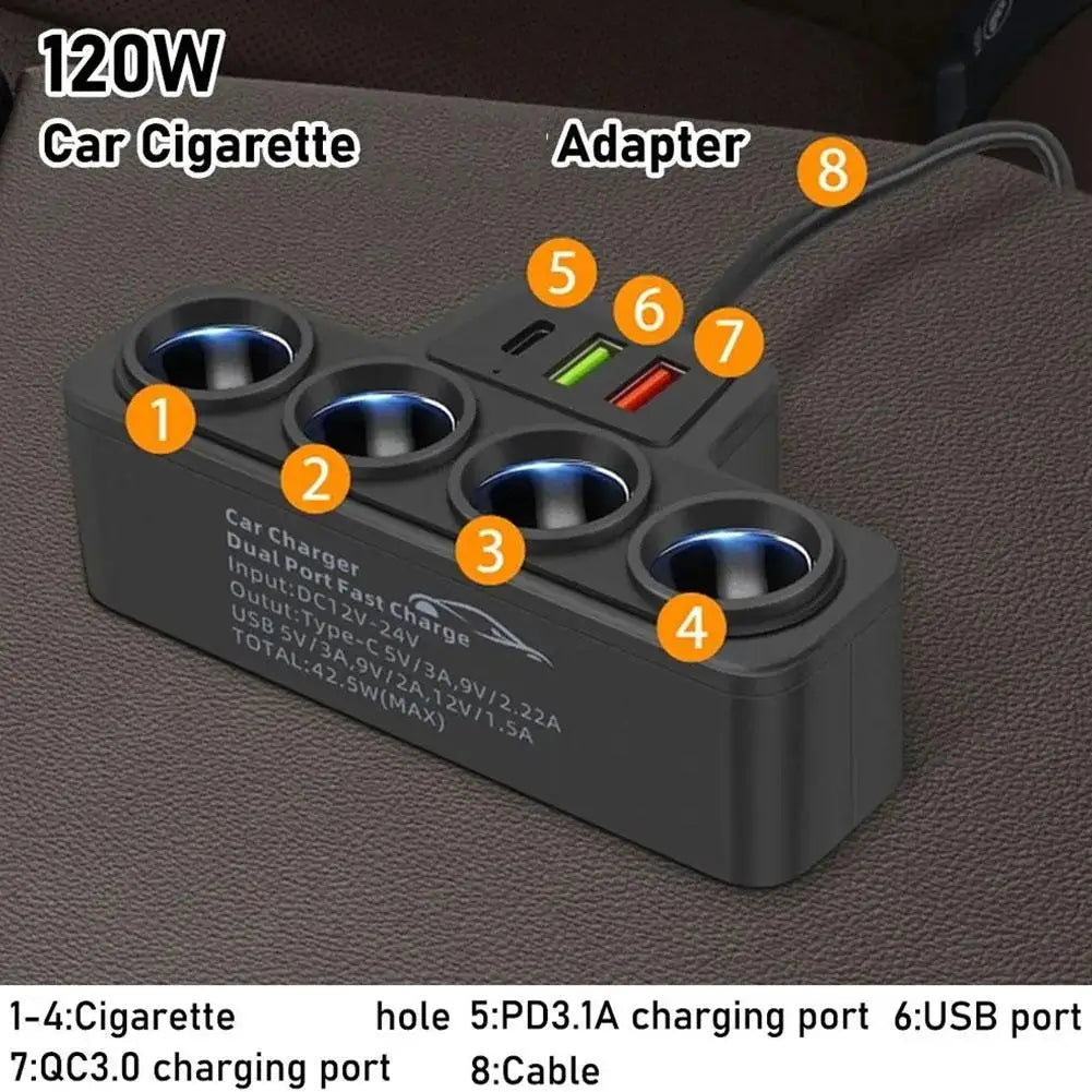 120W 4 Port USB Charging Socket Cigarette Lighter Splitter Quick Charge 12V 24V For Phone IPad 3.0 Car Charger Adapter