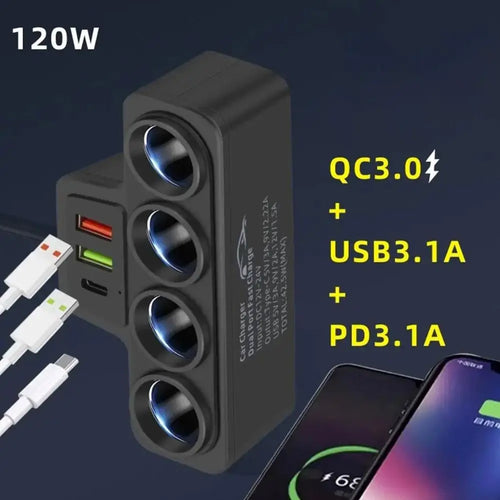 120W 4 Port USB Charging Socket Cigarette Lighter Splitter Quick Charge 12V 24V For Phone IPad 3.0 Car Charger Adapter