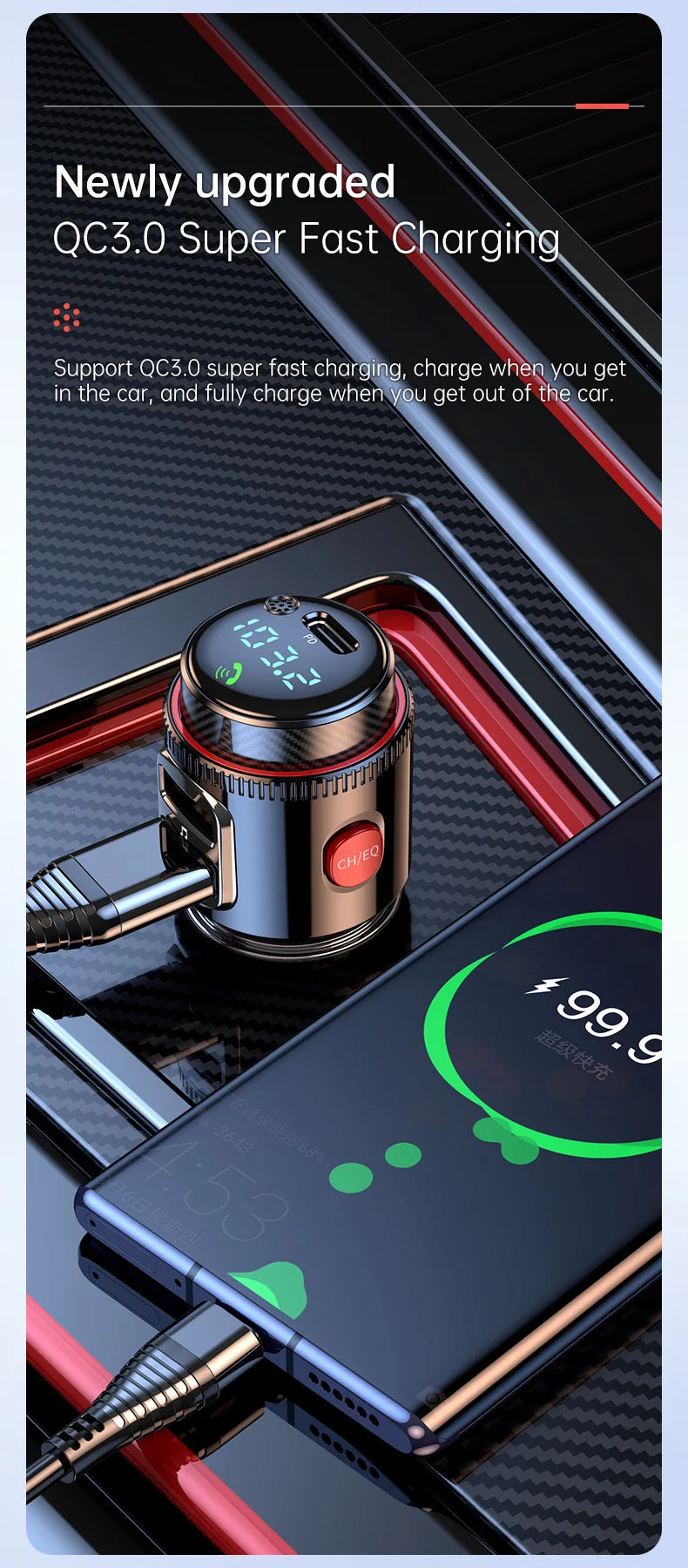 VR Robot PD30W+QC 3.0 Bluetooth 5.4 Car MP3 Player FM Transmitter Wireless Handsfree U Disk Play USB Car Fast Charge Adapter