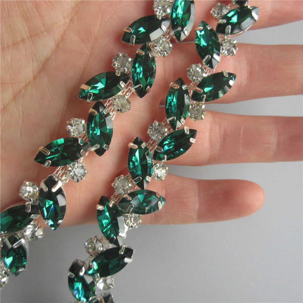 45cm Leaves Glass Crystal Chain Bling Peacock Green Rhinestone Trim Ribbon DIY Decoration Necklace Wedding Dress Clothes Craft