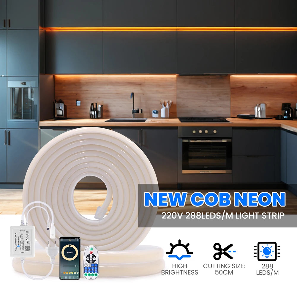 WIFI Bluetooth 220V Dimmable COB LED Strip Light Wall Touch 23key Remote 750W Controller 288LEDs Waterproof Flex Lamp Home Decor